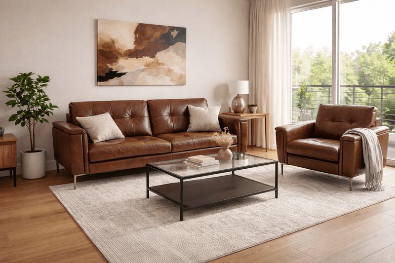 פינת ישיבה מעור בצבע חום